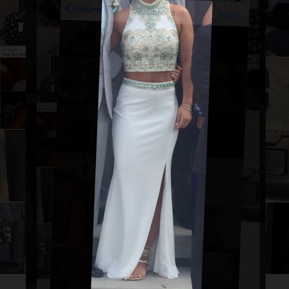 Jovani white 2 piece dress w/ teal & white diamond